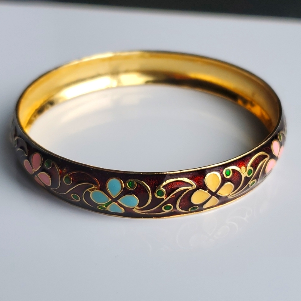 Floral cloisonne bangle bracelet for small wrist